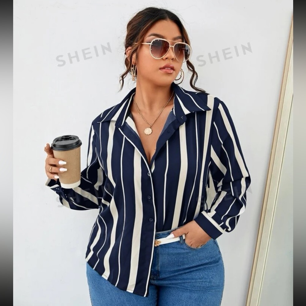 NEW Plus Striped Button Front Shirt